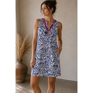 Stella Parker Collection Blue Floral Sleeveless Shift Dress Pockets Large